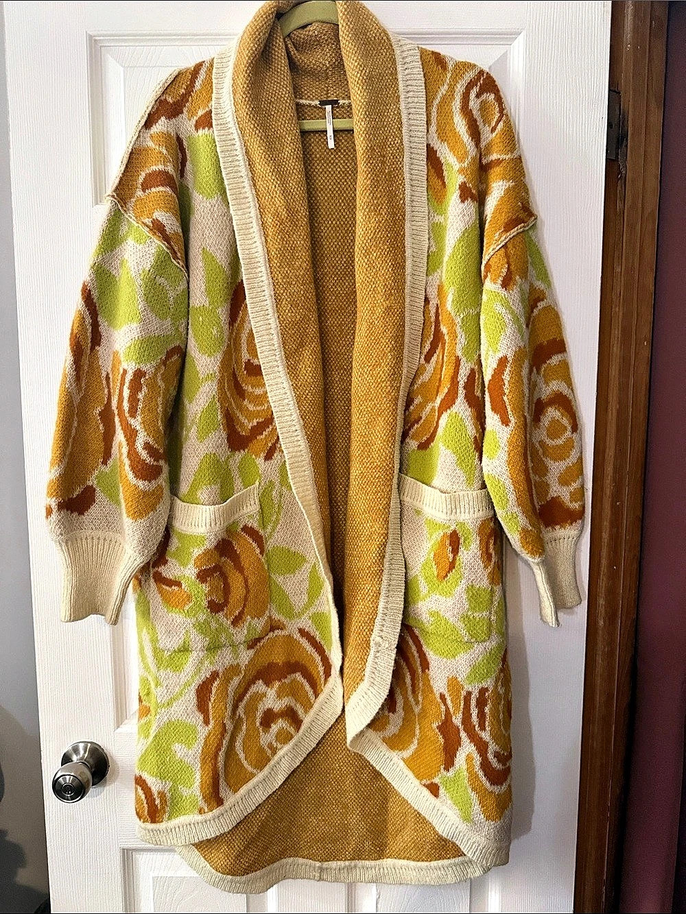 Free People Rosebud Cardi Floral Open Front Cardigan Green & Brown Medium